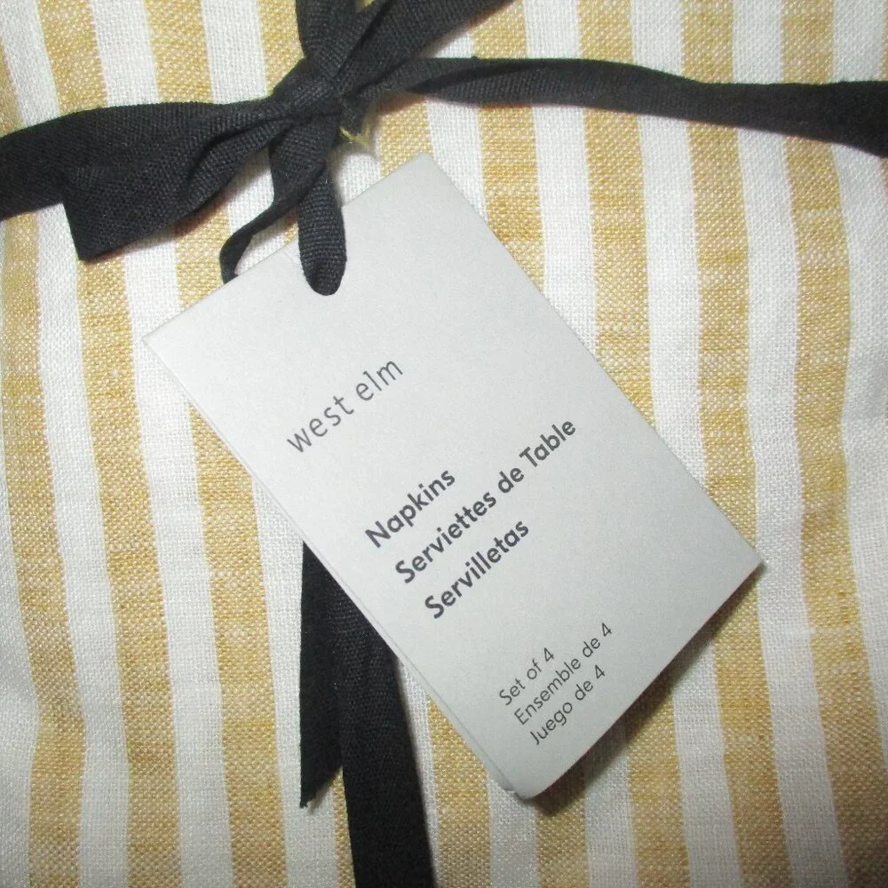 West Elm set of four Mustard yellow and white stripe linen cloth napkins